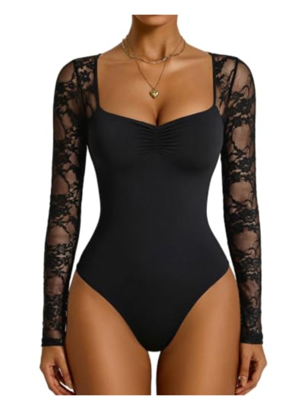 Lace Long Sleeve Bodysuit Sweetheart Neck Ruched Thong Shapewear